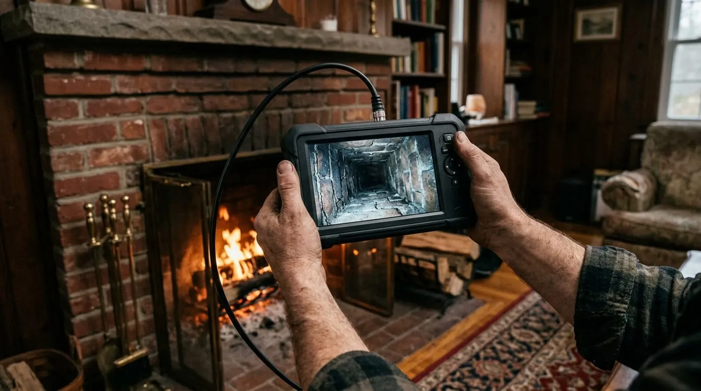 A chimney sweep’s camera monitor showing the inside of a flue during an inspection