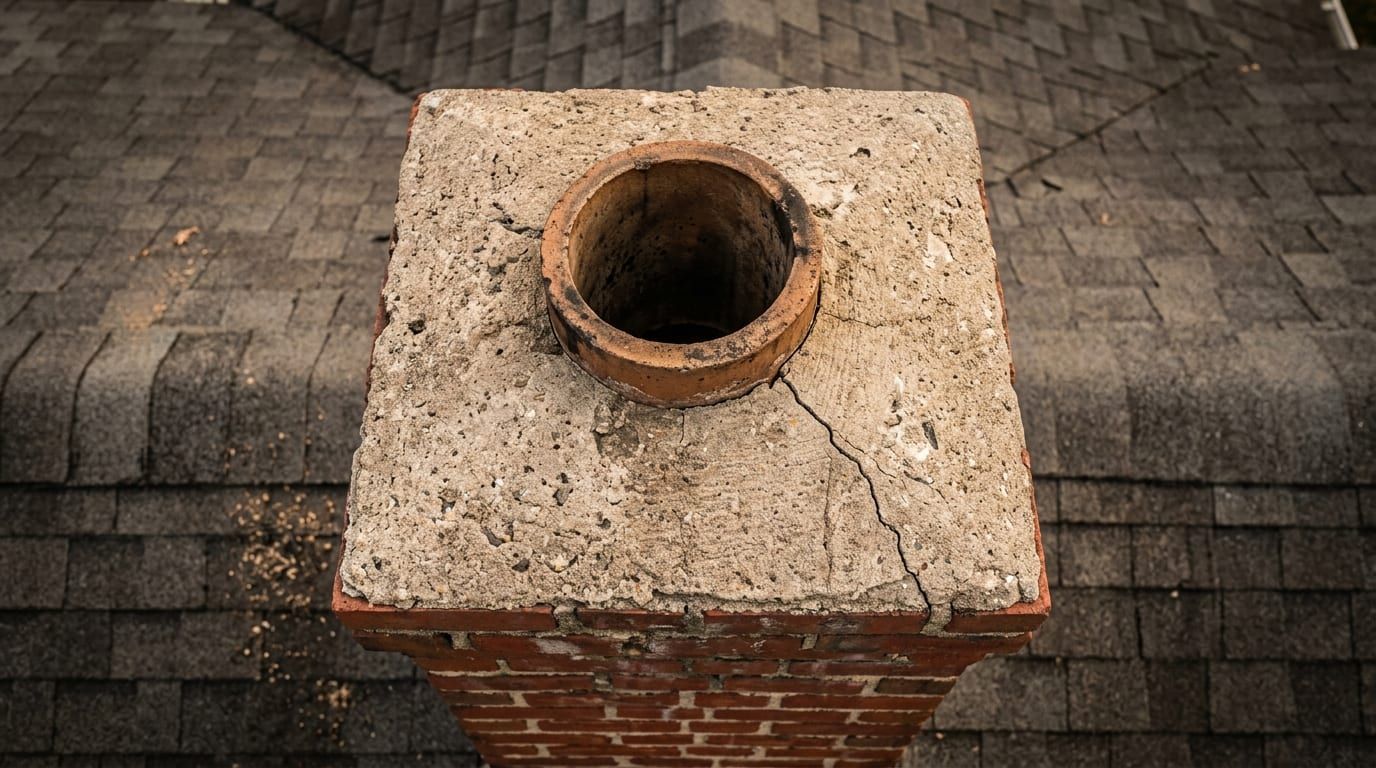 A concrete chimney crown on a shingle roof with a crack running from the clay flue tile to the edge