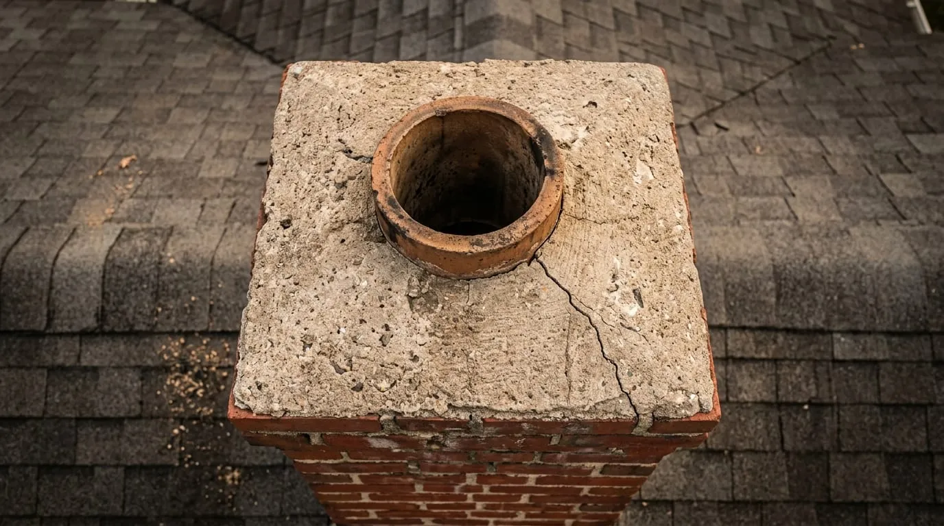 A cracked concrete chimney crown letting water track down into the flue below it