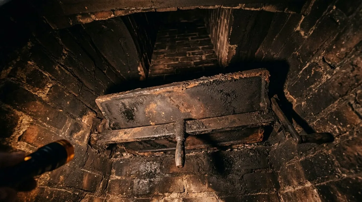 An open damper viewed from inside a fireplace during a chimney inspection