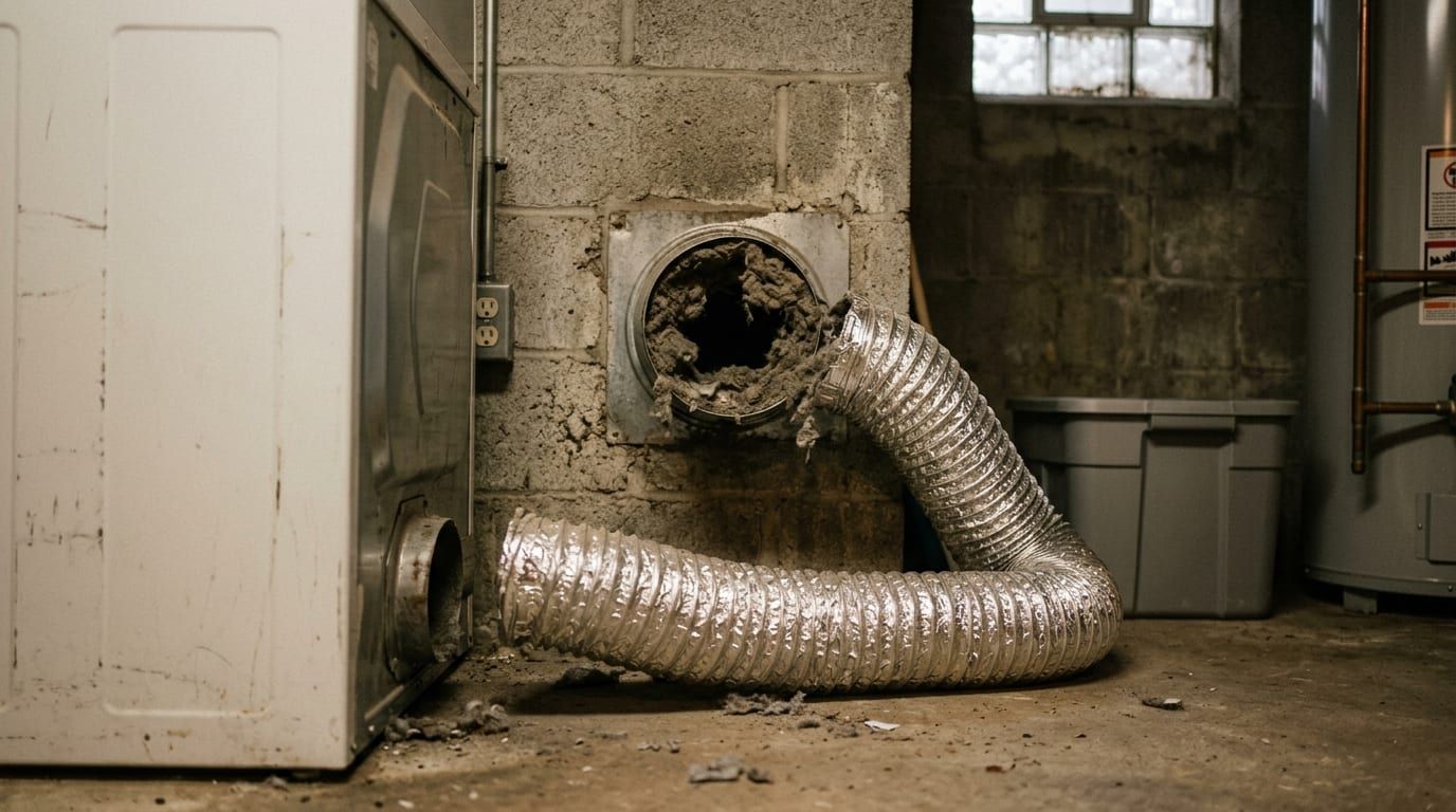 A dryer exhaust duct disconnected at the wall stub, packed with matted grey lint
