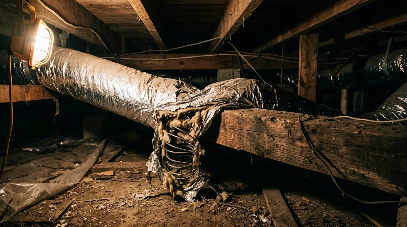 A section of flexible ductwork crushed flat between attic joists