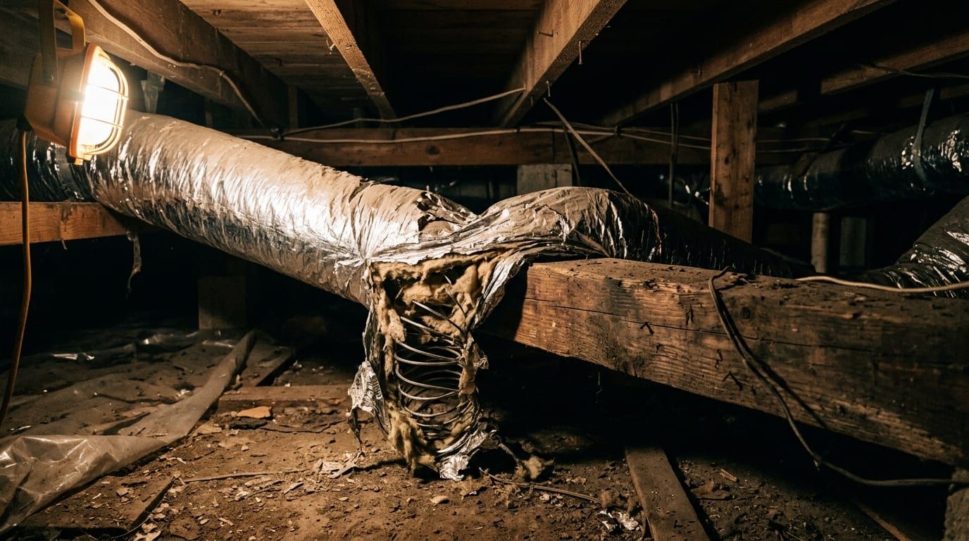 A section of flexible ductwork crushed flat between attic joists