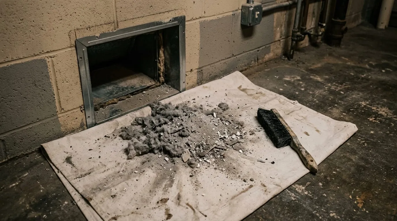 Loosened lint and duct debris collected after a dryer vent is cleared with suction