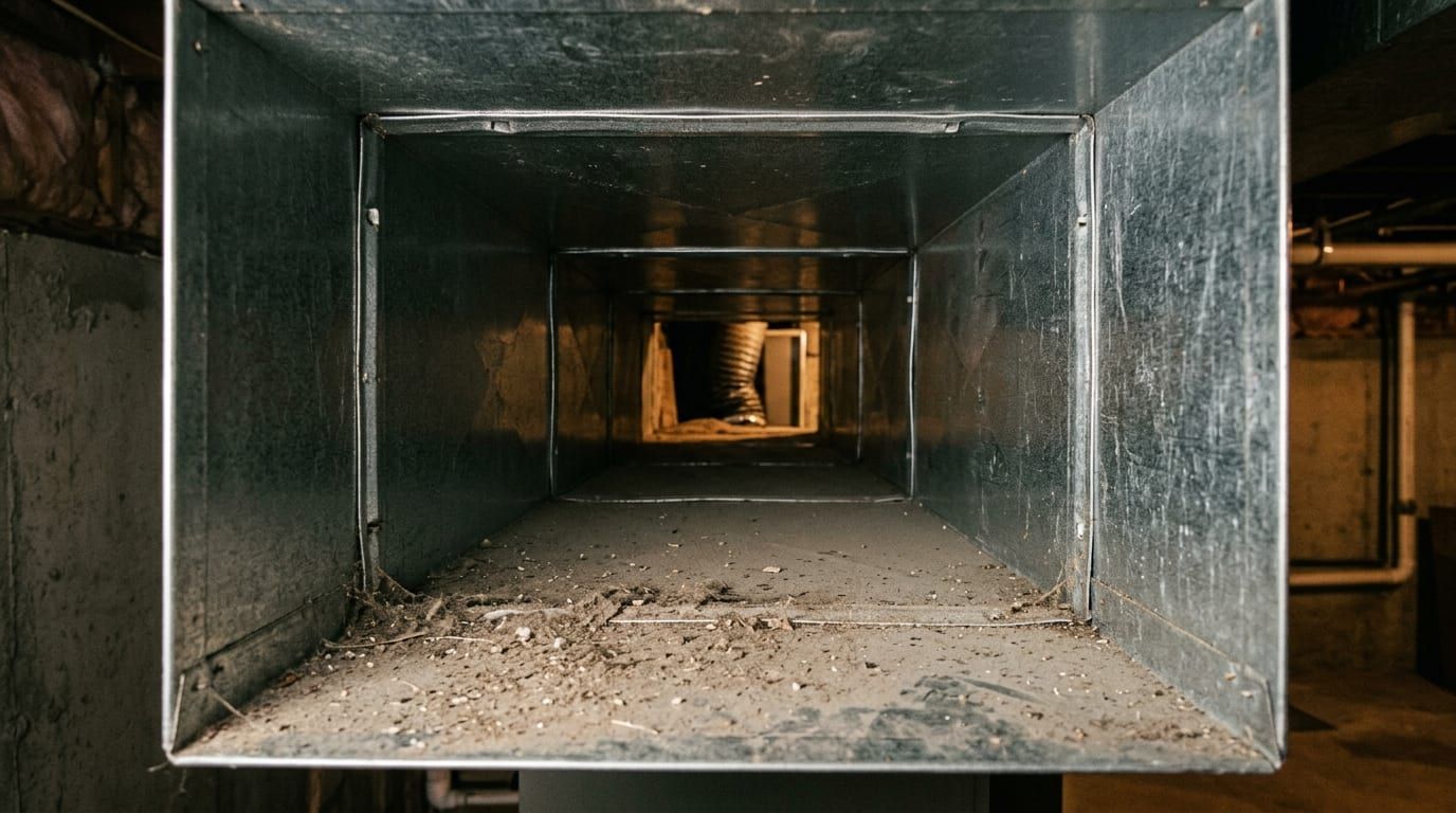 Open supply duct trunk line photographed before negative-pressure cleaning