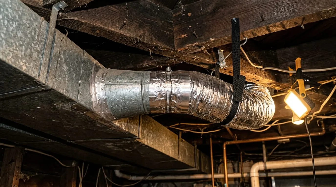 A newly connected dryer duct section fastened at a clean takeoff