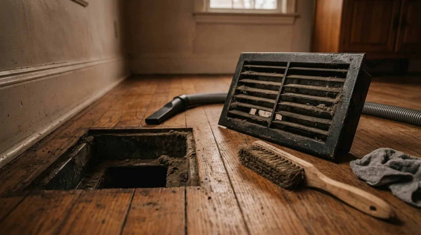 A supply register removed from the wall for hand cleaning