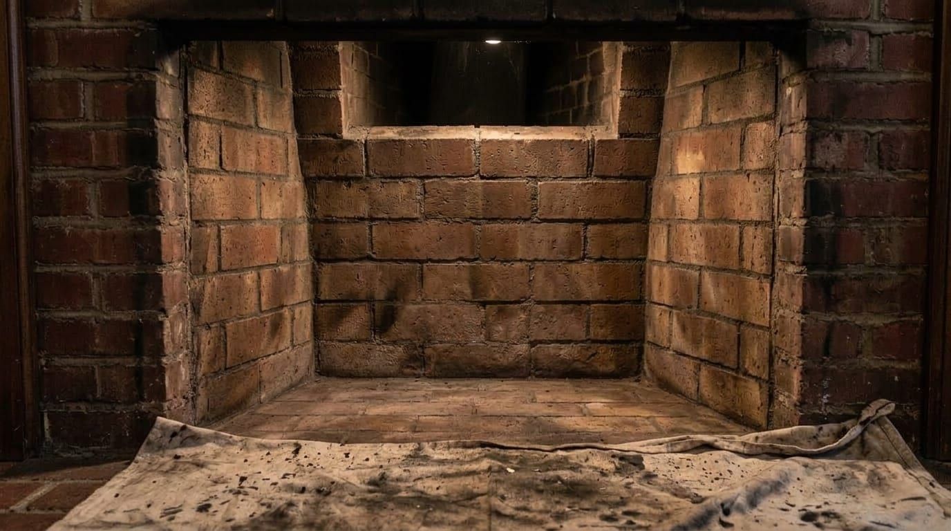 A brick firebox after cleaning, the masonry back to its own color from floor to lintel