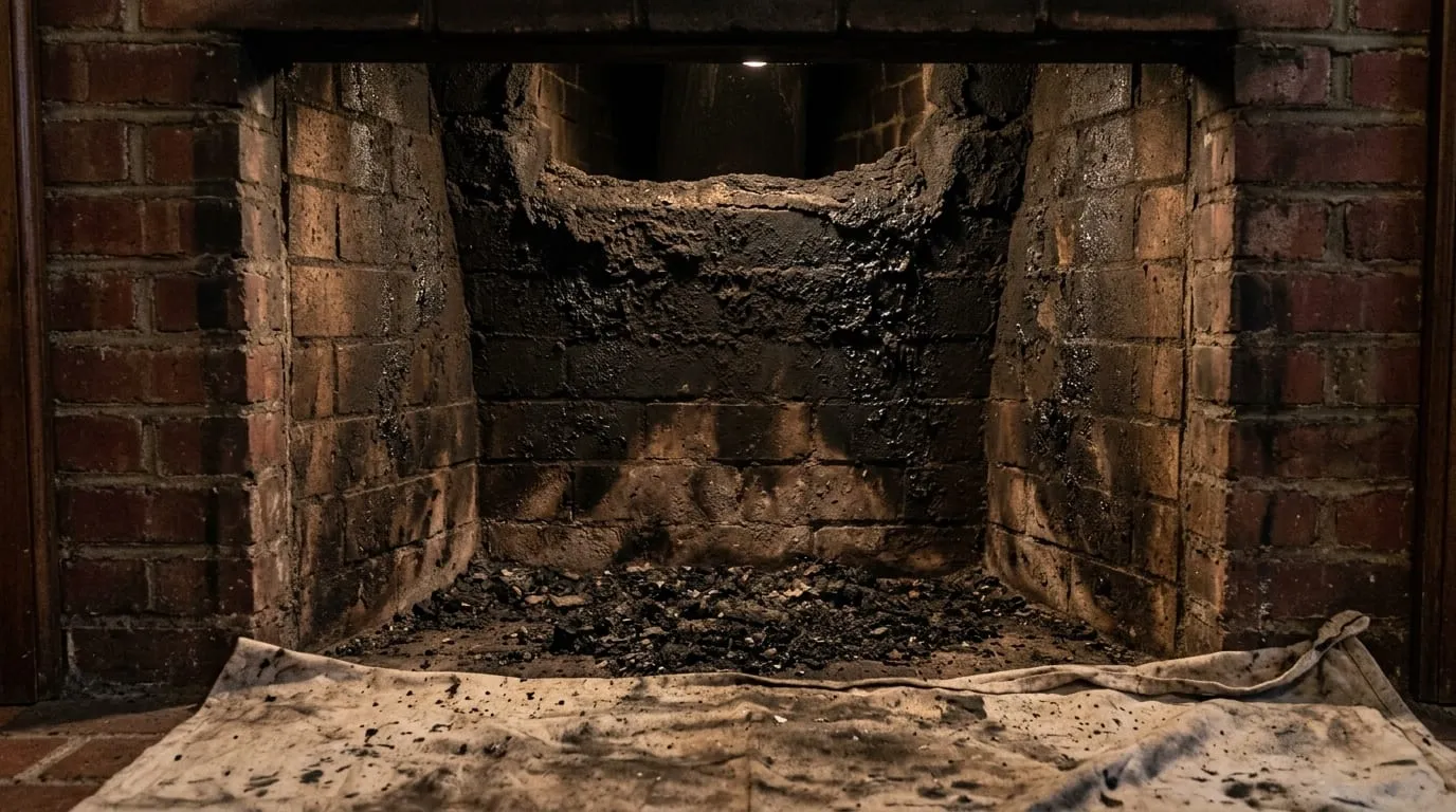 A fireplace firebox as found before its inspection and cleaning