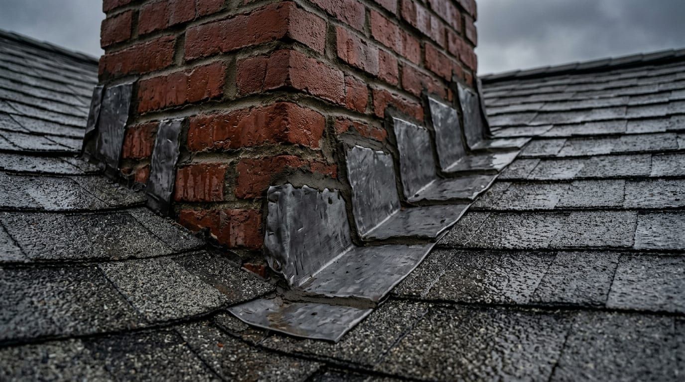A brick chimney stack with its roofline flashing resealed against the shingles