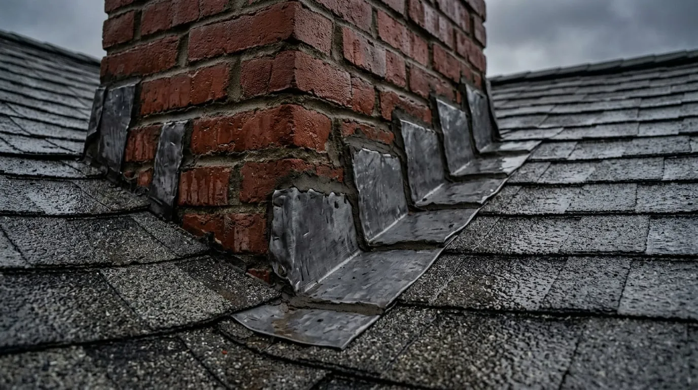 A technician repairing chimney flashing where it meets the roof line
