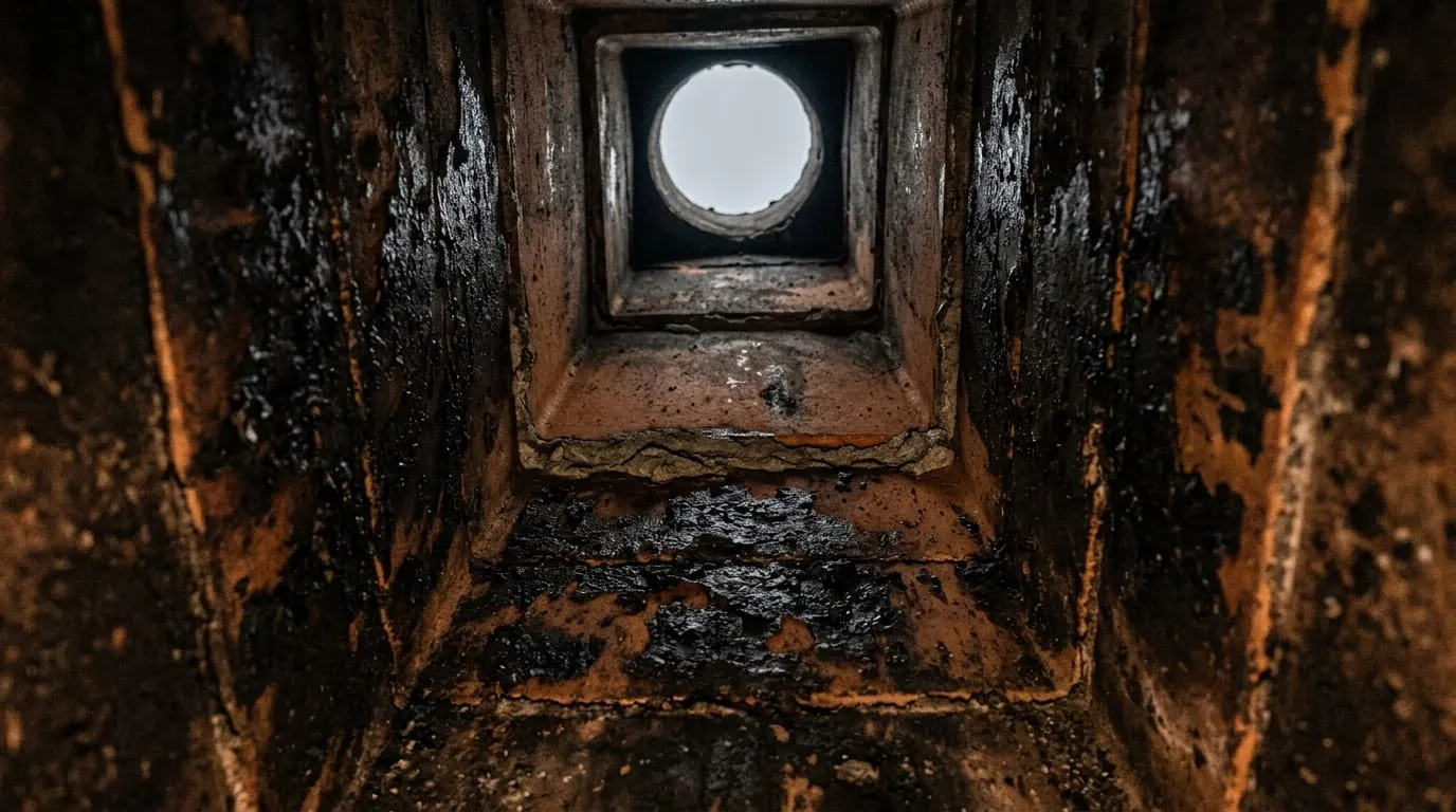 Creosote buildup coating the interior wall of a flue