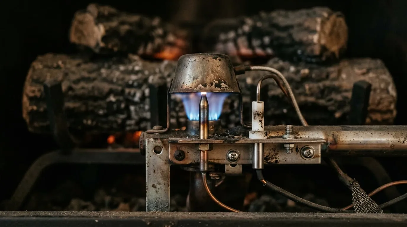 A technician checking a gas appliance's pilot and connection