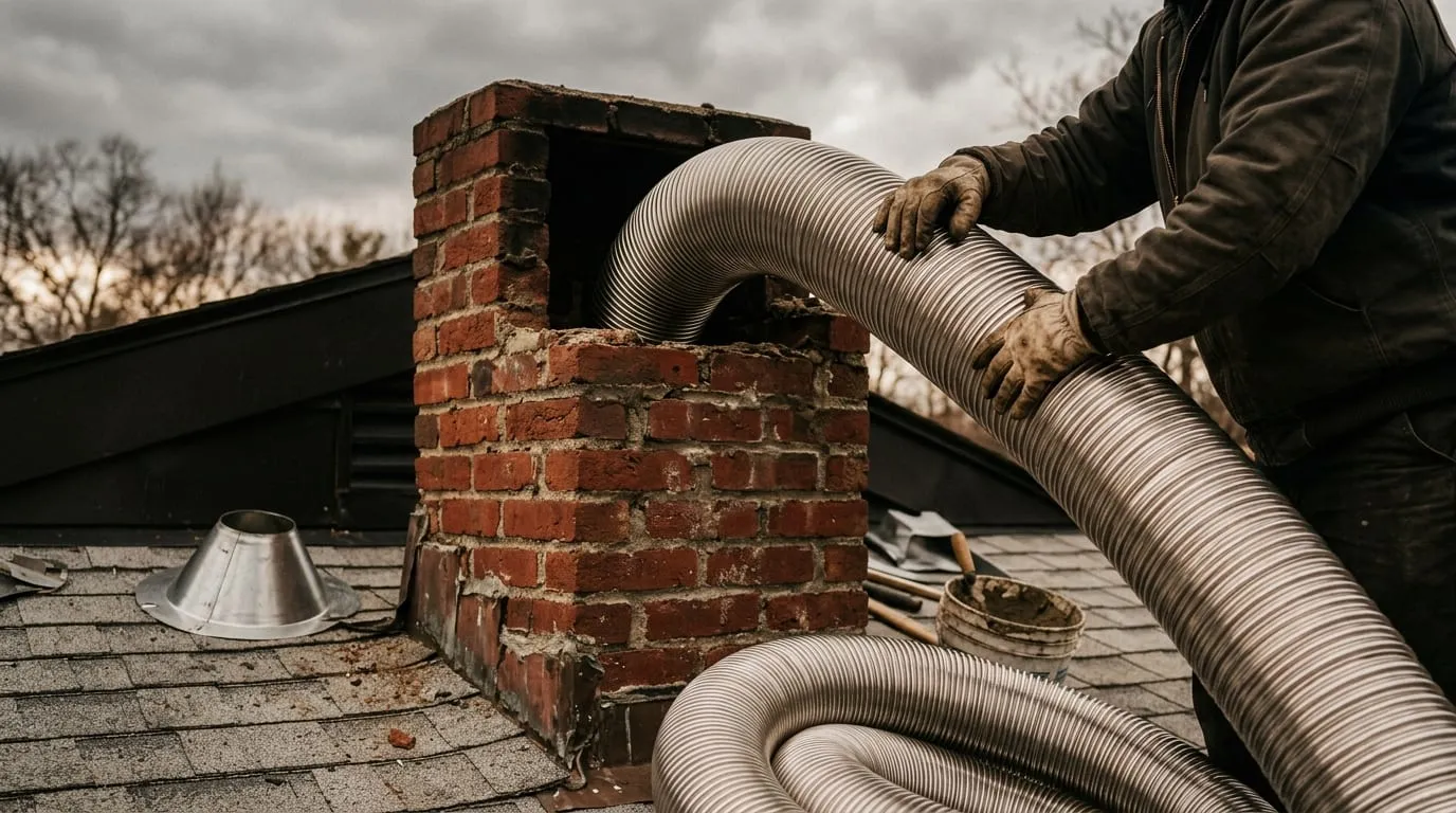A technician installing a new metal chimney liner