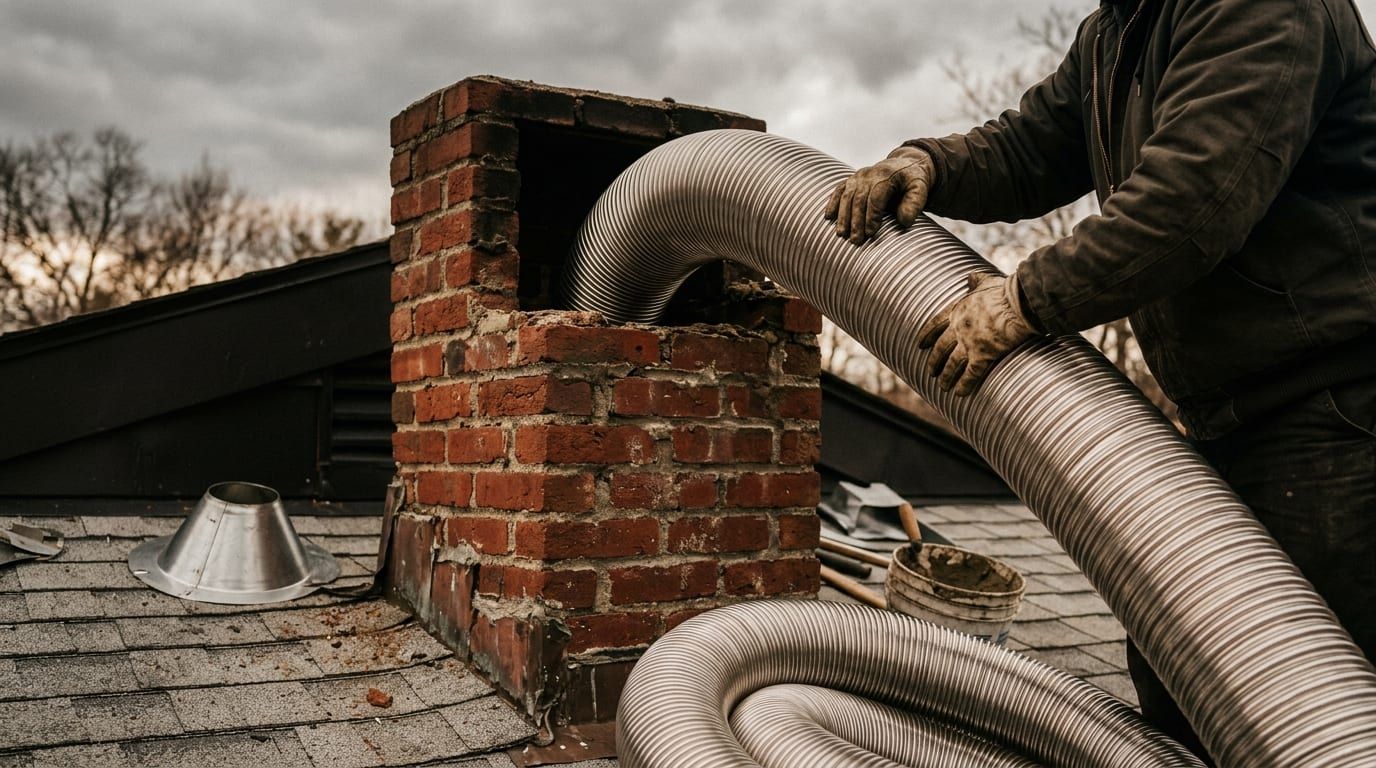A chimney liner being lowered into a flue during a repair visit