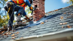 Roofer in safety harness inspects and repairs residential roof with brick chimney.