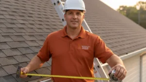 Roofing contractor on residential roof with measuring tape and hard hat.