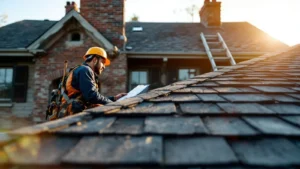 Roofer in safety gear inspects roof with clipboard during daytime inspection.