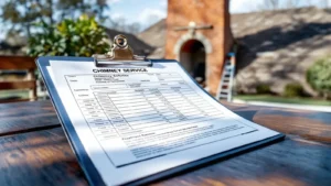 Chimney service inspection checklist on clipboard with brick chimney in background