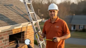 Professional contractor in orange polo and hard hat inspects residential roof with ladder and measuring tape.