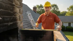 Contractor measuring roof gutters during residential home inspection with safety equipment.