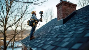 Roofer using laser surveying equipment on residential roof during inspection.