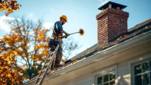 Worker cleaning gutters from ladder on residential home roof in autumn.