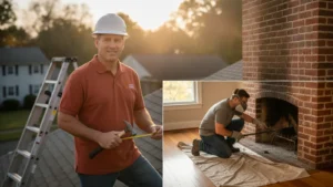 Professional contractors performing roofing and fireplace inspection work on residential properties.