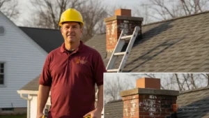 Professional chimney contractor in hard hat standing before residential roofing job with brick chimney.