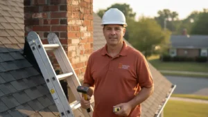 Professional roofer with hard hat on residential roof holding tools and ladder.