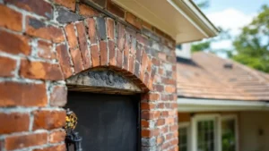 Decorative brick mailbox with arched detail on residential home exterior.